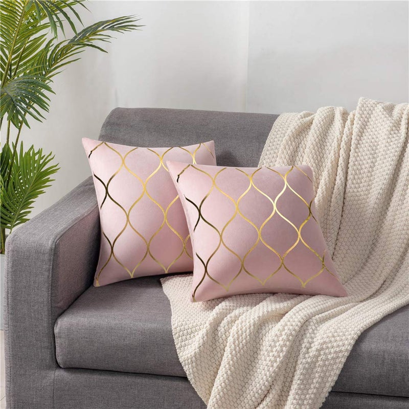 DEZENE Gold Velvet Throw Pillow Covers: 2 Pack 20x20 Inch Square Decorative Pillow Cases for Bedroom Sofa Couch Living Room, Pink - Image 2